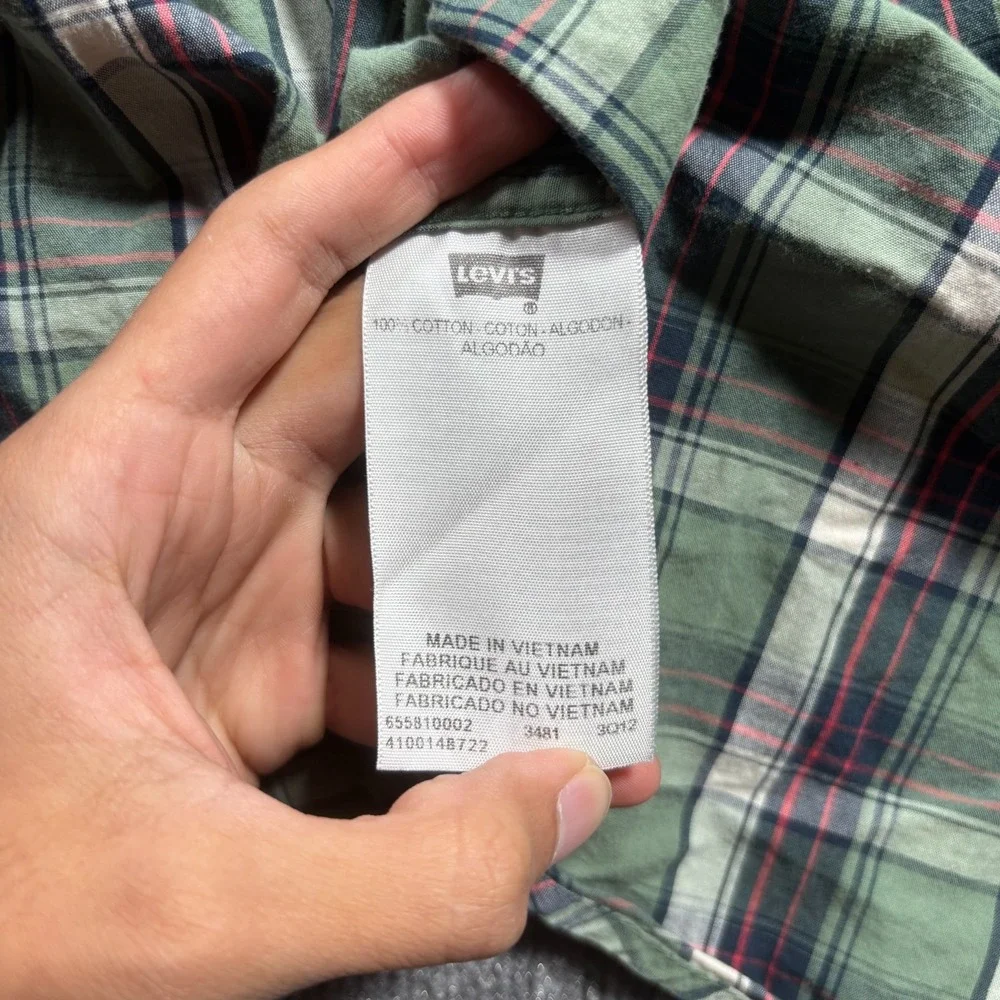 Levi's Mens Large Green Plaid Cotton Short Sleeve Button Up Workwear Shirt